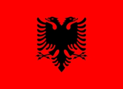 [ai] A red flag with a black double-headed eagle in the center. The eagle is detailed with spread wings and claws displayed beneath.