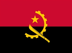 [ai] The national flag of Angola featuring horizontal red and black stripes, with a yellow emblem in the center. The emblem includes a star, a gear, and a machete.