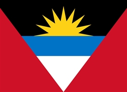 [ai] The national flag of Antigua and Barbuda featuring a red triangle on the left and right sides, a blue horizontal stripe in the center, white triangle below, and a rising sun with 7 rays above.