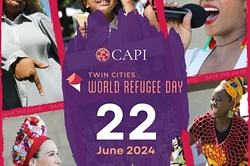 [ai] A collage promoting Twin Cities World Refugee Day on June 22, 2024. The background features smiling diverse individuals engaging in community activities, with event details highlighted in a purple box.