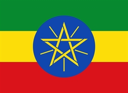 [ai] The flag of Ethiopia featuring horizontal stripes of green, yellow, and red with a blue circle at the center, which contains a yellow star and rays.