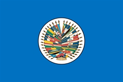 [ai] The flag of the Organization of American States (OAS) featuring a central emblem of eighteen colored flags arranged in a circular pattern, surrounded by blue background.