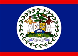 [ai] The flag of Belize features a blue background with red horizontal stripes on the top and bottom. The central emblem displays two men, one holding an axe and the other a paddle, with a shield containing tools and a tree.