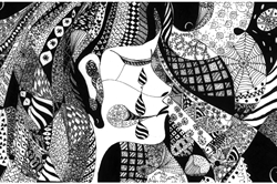 [ai] An abstract black and white drawing featuring a variety of intricate patterns, including geometric shapes, spirals, and floral designs, flowing together in a cohesive composition.