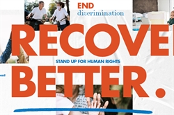 [ai] A collage of diverse images showcasing people engaging in community activities, with a prominent message saying "RECOVER BETTER" and small text urging to "END discrimination" and "STAND UP FOR HUMAN RIGHTS."