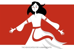 [ai] An animated character with black hair and a white dress, standing with arms outstretched against a red background. Red accents are featured on the dress. The text below reads, 'THE ADVOCATES FOR HUMAN RIGHTS'.