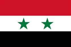 [ai] The national flag of Syria, featuring three horizontal stripes: red at the top, white in the middle with two green stars, and black at the bottom.