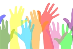 [ai] An abstract representation of raised hands in various colors, including green, yellow, blue, pink, and orange, layered over a white background. The image conveys a sense of community and participation.