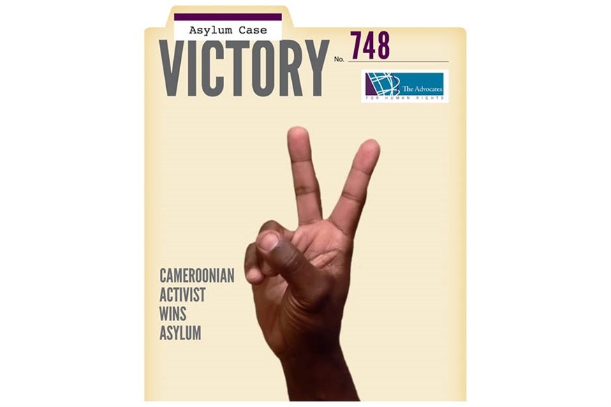 [ai] An image of a magazine cover featuring a hand making a peace sign. The title reads "VICTORY" in large letters, with the subtitle "Cameroonian Activist Wins Asylum" below. The cover is decorated with the text "Asylum Case No. 748" and includes a logo in the top right corner.