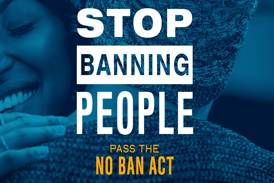 [ai] A close-up of two people embracing, smiling, with text overlay that reads, 'STOP BANNING PEOPLE PASS THE NO BAN ACT.' The background is a gradient of blue tones.